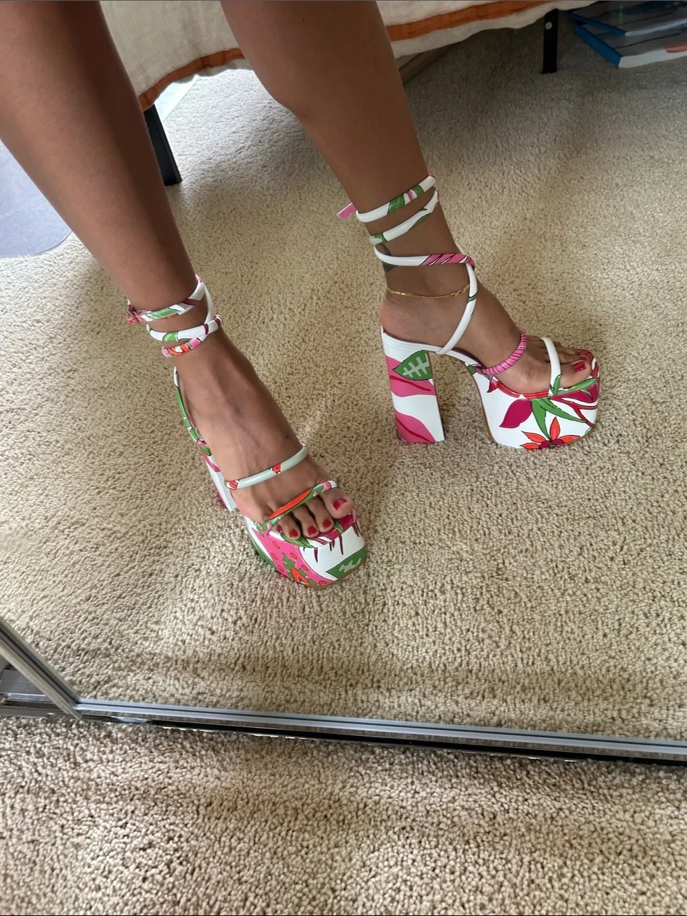 Cult Gaia Pink Floral Platform Sandals with Ankle Strap